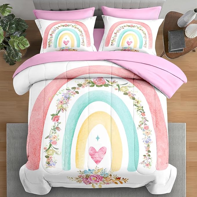 Comforter Set Full Size, Cute Heart Pink Rose 7 Pcs Bedding for Kids and Adults, Rainbow Leaves Vintage Bed Sheet Sets with Fitted Sheet 2 Pillowcases & 2 Shams for Bedroom Bed Decor