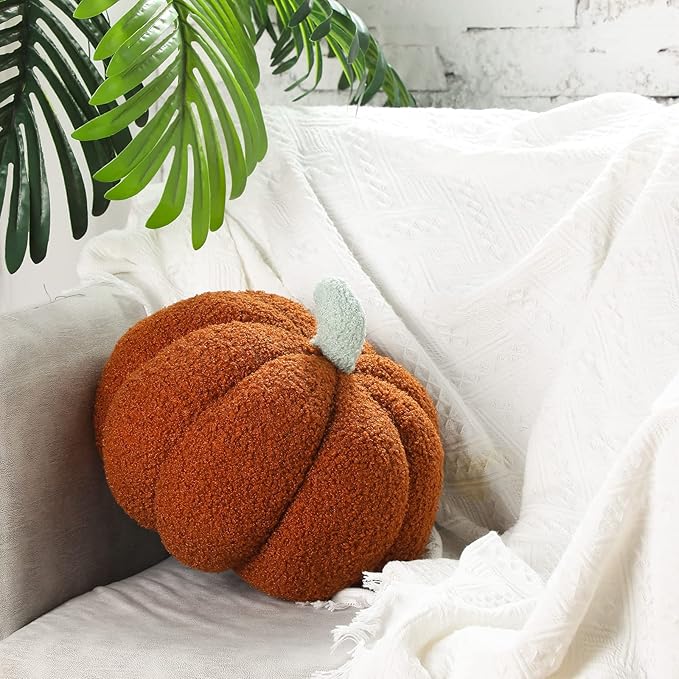 Kajaia 2 Pcs Pumpkin Pillow Plush 11 x 9.5 Inch 3D Cushion Fall Decorations Simulated Stuffed Throw Pillows for Halloween Thanksgiving Bedroom Sofa Couch Supplies (White,Brown)
