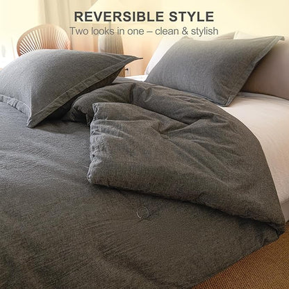 100% Cotton Comforter Set Queen Size – Reversible Yarn-Dyed Design, Soft Washed Cotton on Both Sides, Lightweight All-Season Bedding, Machine Washable(Black Grey, 90”x90”)