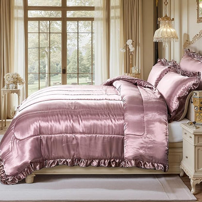 Satin King Comforter Set Silk Like Satin Bedding Set 4 Pcs Hotel Soft Polyester Blush Pink Bed Set Luxury Silky Body Pillow Cover Ruffle Down Comforter Home Decor
