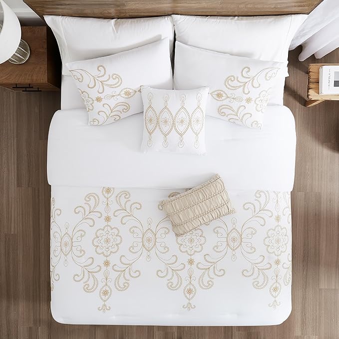 Modern Threads Sabrina Embroidered Comforter Set – 5 Piece White Bed Set with Gold Detailing, Decorative Pillows & Shams, Luxuriously Soft Jacquard Bedding, Queen
