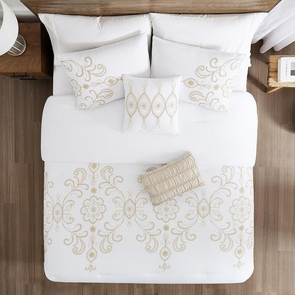 Modern Threads Sabrina Embroidered Comforter Set – 5 Piece White Bed Set with Gold Detailing, Decorative Pillows & Shams, Luxuriously Soft Jacquard Bedding, Queen