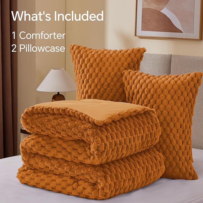 BEDELITE Fluffy King Size Comforter Set - Burnt Orange Fleece Soft Comforter for King Size Bed, Luxury Warm Bedding Set for Winter, Fuzzy Bed Set 3 Pieces (1 Comforter, 2 Pillowcases)