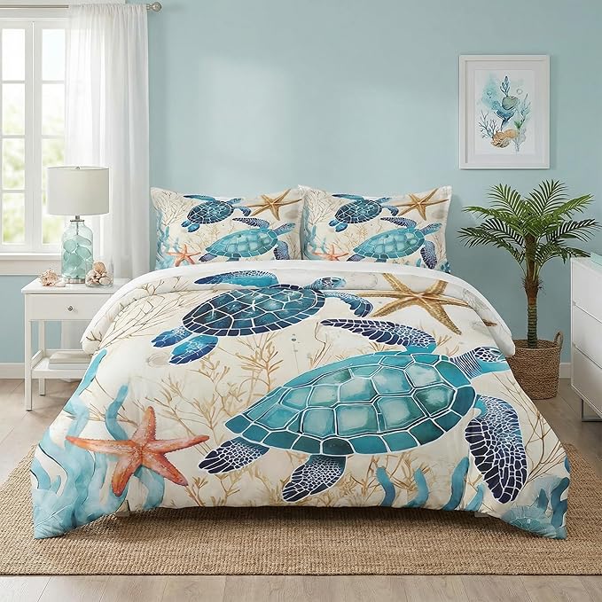 Twin Size Comforter Set with Pillowcase, Ocean Coral Sea Turtle 2 Pcs Bedding for Kids and Adults, Blue Shell Animal Soft Comforter Set for Bedroom Bed Decor