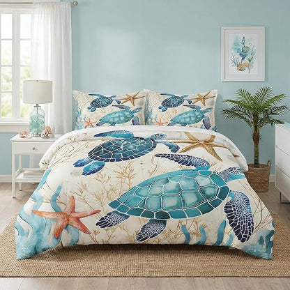 Twin Size Comforter Set with Pillowcase, Ocean Coral Sea Turtle 2 Pcs Bedding for Kids and Adults, Blue Shell Animal Soft Comforter Set for Bedroom Bed Decor
