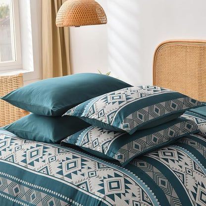 Anibedding Teal Comforter Set Queen 7 Pieces Boho Western Bedding Set for All Season, Aztec Bed in a Bag Queen Soft Microfiber Comforter Set with Sheets, Pillowcases & Shams