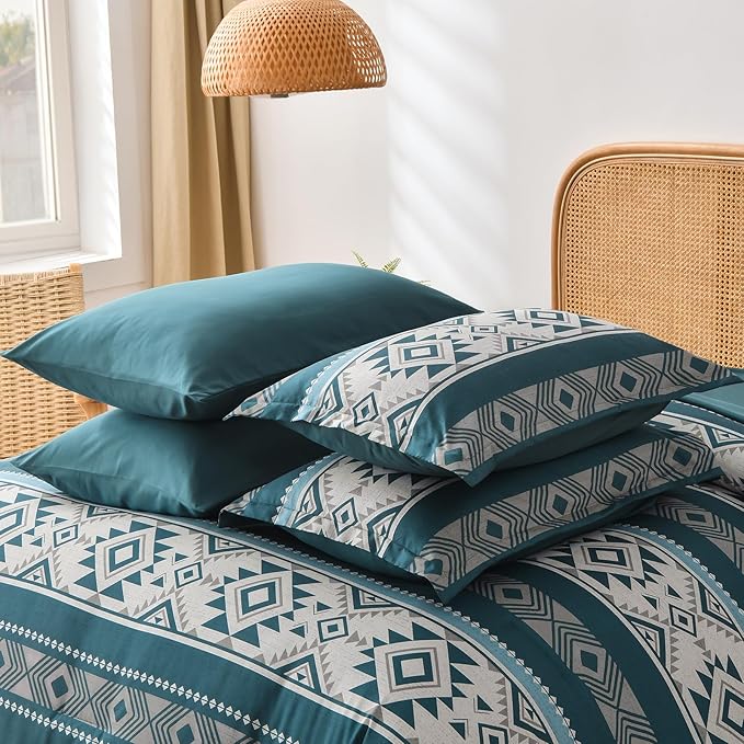 Anibedding Teal Comforter Set King 7 Pieces Boho Western Bedding Set for All Season, Aztec Bed in a Bag King Soft Microfiber Comforter Set with Sheets, Pillowcases & Shams