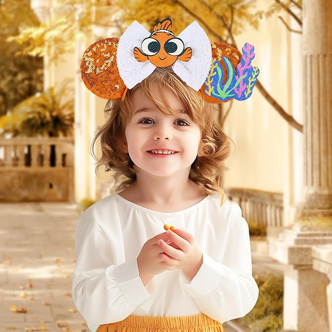 Mouse Ear Headbands, Sparkle Mouse Ears for Women Girls Adult Kids, Cartoon Sequin Headband Park Ears Trips Cosplay Costumes Accessories (Nemo)