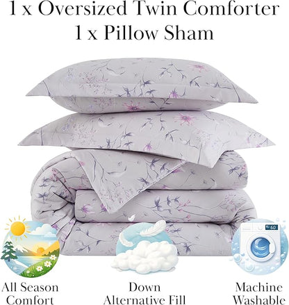 Southshore Fine Living, Inc. Oversized Twin Mattress Comforter Set, Down Alternative Boho Bedspread, The Secret Meadow Collection Comforter Sets, 2 Piece Bedding Set for Twin/XL Mattress, Grey