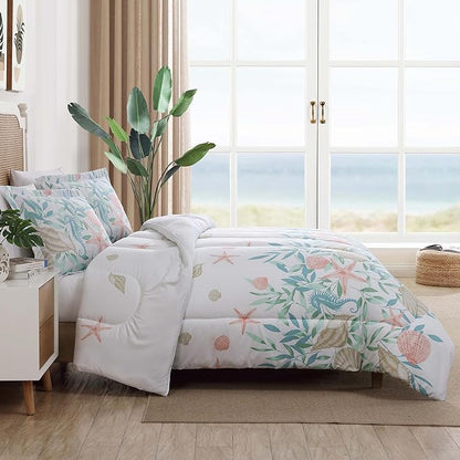 Caribbean Joe King 3-Piece Comforter Set, Tropical Coastal Beach Design Bedding, Coastal Bouquet