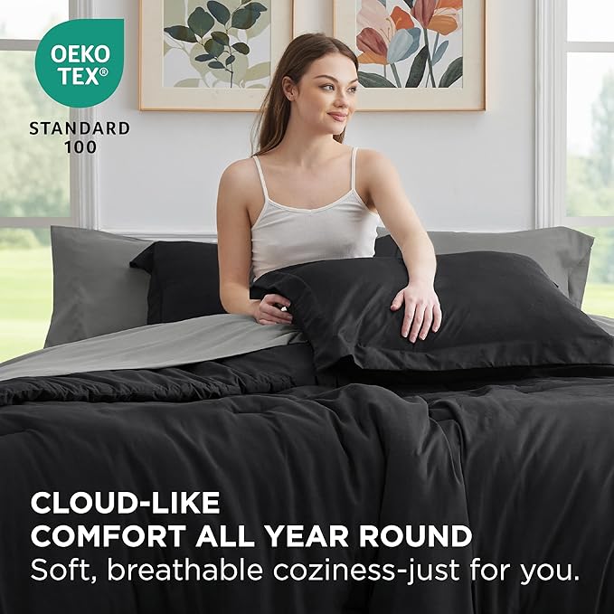 Bedsure Queen Comforter Set - 7 Pieces Black Queen Bedding Set for All Seasons, Boho Contrasting Design Bed in a Bag with Comforter, Sheets, Pillowcases & Shams