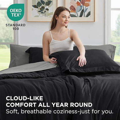 Bedsure Queen Comforter Set - 7 Pieces Black Queen Bedding Set for All Seasons, Boho Contrasting Design Bed in a Bag with Comforter, Sheets, Pillowcases & Shams