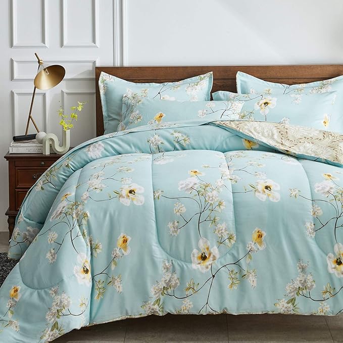 Joyreap 6 Piece Bed in a Bag Twin, Aqua Floral Elegant Design, Smooth Soft Microfiber Comforter Set for All Season (1 Comforter, 2 Pillow Shams, 1 Flat Sheet, 1 Fitted Sheet, 1 Pillowcase)
