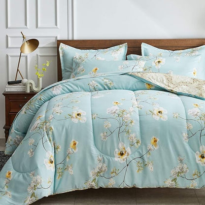 Joyreap 6 Piece Bed in a Bag Twin, Aqua Floral Elegant Design, Smooth Soft Microfiber Comforter Set for All Season (1 Comforter, 2 Pillow Shams, 1 Flat Sheet, 1 Fitted Sheet, 1 Pillowcase)
