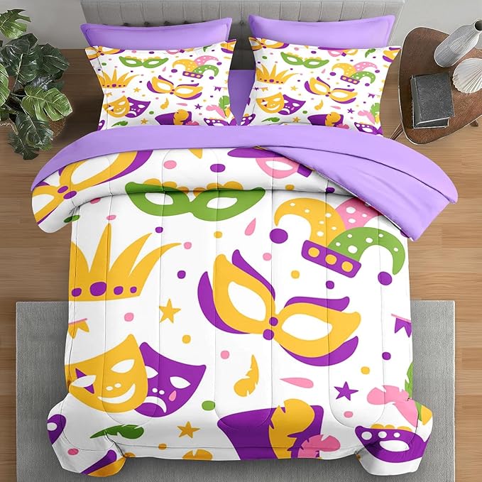 Comforter Set Full Size, Happy Purple Gold Mask 7 Pcs Bedding for Kids and Adults, Mardi Carnival Party Bed Sheet Sets with Fitted Sheet 2 Pillowcases & 2 Shams for Bedroom Bed Decor