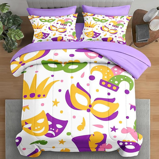 Comforter Set Full Size, Happy Purple Gold Mask 7 Pcs Bedding for Kids and Adults, Mardi Carnival Party Bed Sheet Sets with Fitted Sheet 2 Pillowcases & 2 Shams for Bedroom Bed Decor