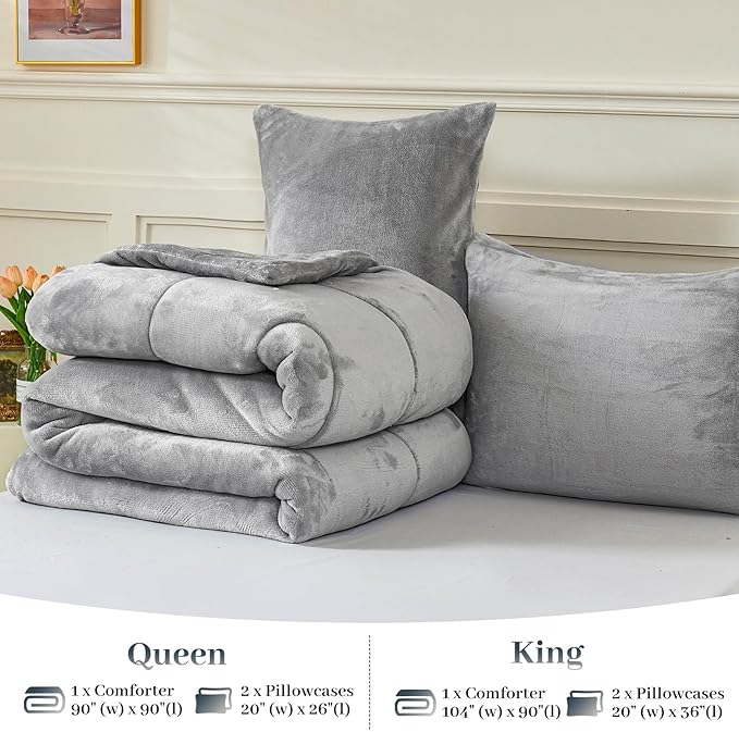 YIYEA Fluffy Queen Size Comforter Set, Luxury Faux Fur Comforter, Ultra Soft Plush Fuzzy Velvet Bedding Comforter Sets for Fall Winter, Cozy Warmth, No Shedding, 3PC, Queen, Light Grey