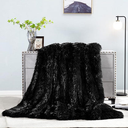 JONIYEAR Extra Large Decorative Fluffy Faux Fur Blanket Queen Size 80" x 90", Soft Luxury Lightweight Furry Blankets, Solid Cozy Shaggy Plush Thick Warm Fuzzy Blankets for Winter Bed Couch, Black