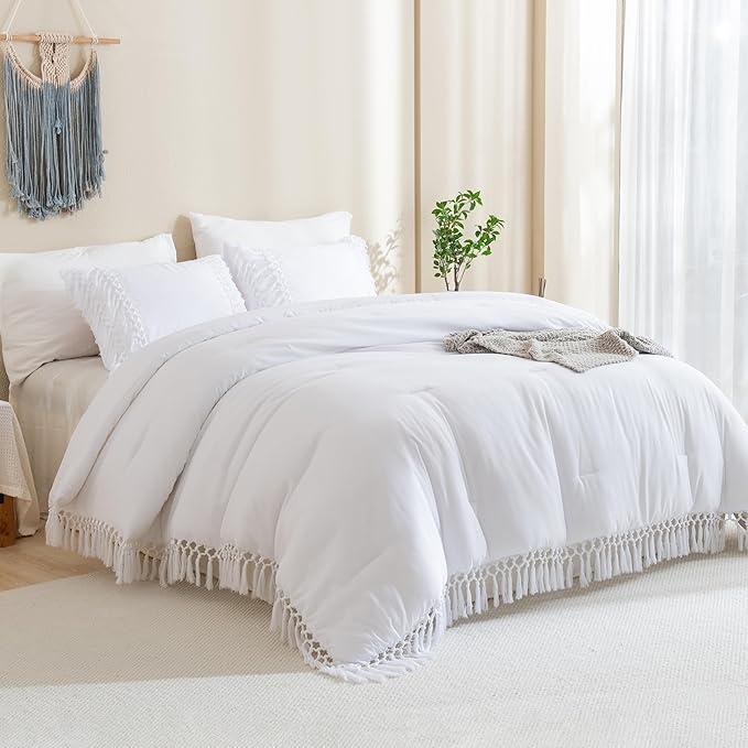 Andency White Comforter Set Queen, 3 Pieces Boho Tassel Lightweight Soft Bedding Comforter Sets, All Season Fluffy Fringe Bed Set (90x90In Comforter & 2 Pillowcases)