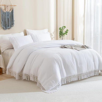 Andency White Comforter Set Queen, 3 Pieces Boho Tassel Lightweight Soft Bedding Comforter Sets, All Season Fluffy Fringe Bed Set (90x90In Comforter & 2 Pillowcases)