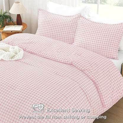 Andency Pink Gingham Comforter Set Queen(90x90Inch), Blush Checkered Grid Plaid Buffalo Bed Set for Girls Boys Kids Teens, 3 Pieces Lightweight Microfiber Geometric Preppy Bedding