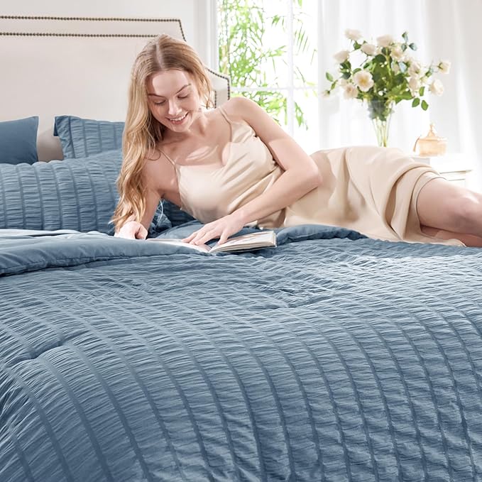 CozyLux Grayish Blue Full Size Comforter Sets with Sheets 7 Pieces, Dusty Blue Seersucker Bed in a Bag Textured Luxury Soft Bedding Set with Down Alternative Comforter, Sheets, Pillowcases & Shams