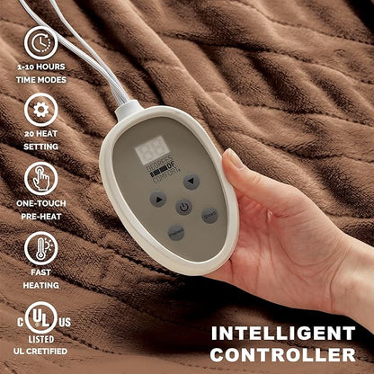 Degrees of Comfort Electric Blanket Twin, Single Controller W/Auto Shut Off, Heated Blanket Twin for Bed, Machine Washable, Mocha, 62Wx84L