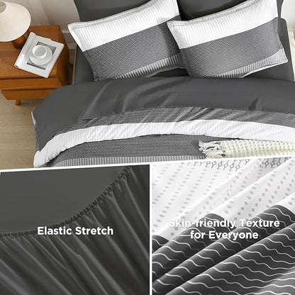 Andency Full Size Comforter Set Dark Grey - 7 Pieces Grey Striped Lightweight Bed in a Bag, Soft Microfiber Reversible Bedding Set with Comforter, Fitted & Flat Sheet, Pillowcases & Shams