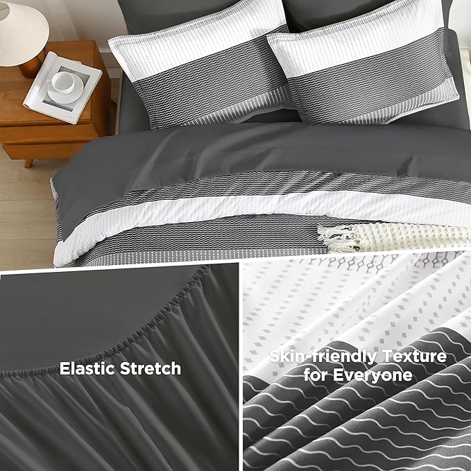 Andency King Size Comforter Set Dark Grey - 7 Pieces Grey Striped Lightweight Bed in a Bag, Soft Microfiber Reversible Bedding Set with Comforter, Fitted & Flat Sheet, Pillowcases & Shams