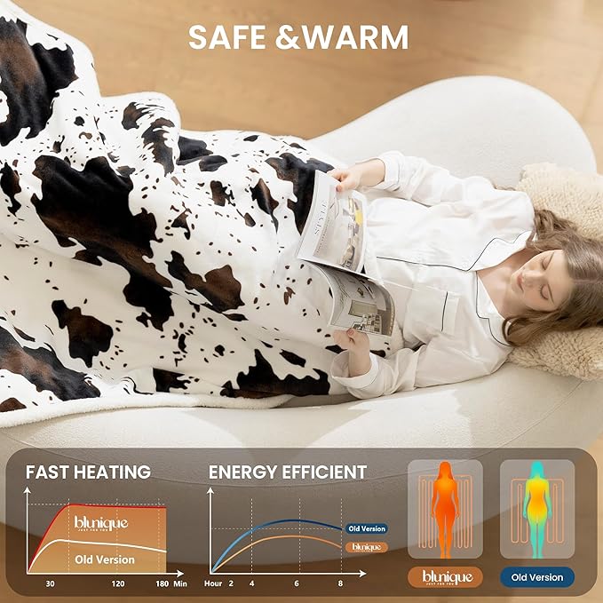 Heated Blanket Throw Blanket - Fast Heating Electric Blanket, Soft Flannel Heated Throw with 10 Time Settings,10 Heating Settings, Warm Gifts for Women & Mom & Grandma(50"x60"Cow Print White)