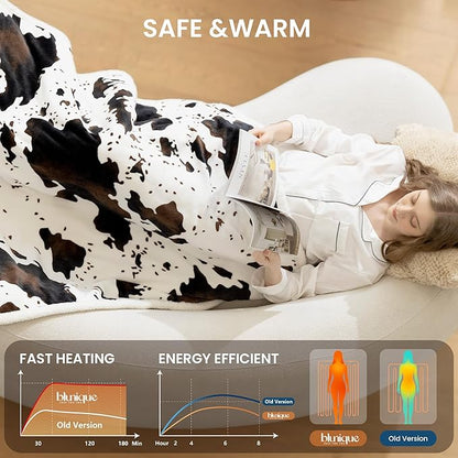 Heated Blanket Throw Blanket - Fast Heating Electric Blanket, Soft Flannel Heated Throw with 10 Time Settings,10 Heating Settings, Warm Gifts for Women & Mom & Grandma(50"x60"Cow Print White)