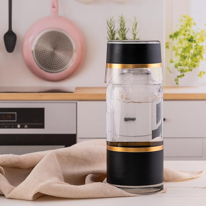 GARIZZE Bedside Water Carafe and Glass Set for Bedroom, Bedside Carafe and Glass Set, Mouthwash Decanter for Bathroom, Water Carafe with Glass Cup for Nightstand (24-oz/7-oz) (BLACK GOLD)Standard Pack