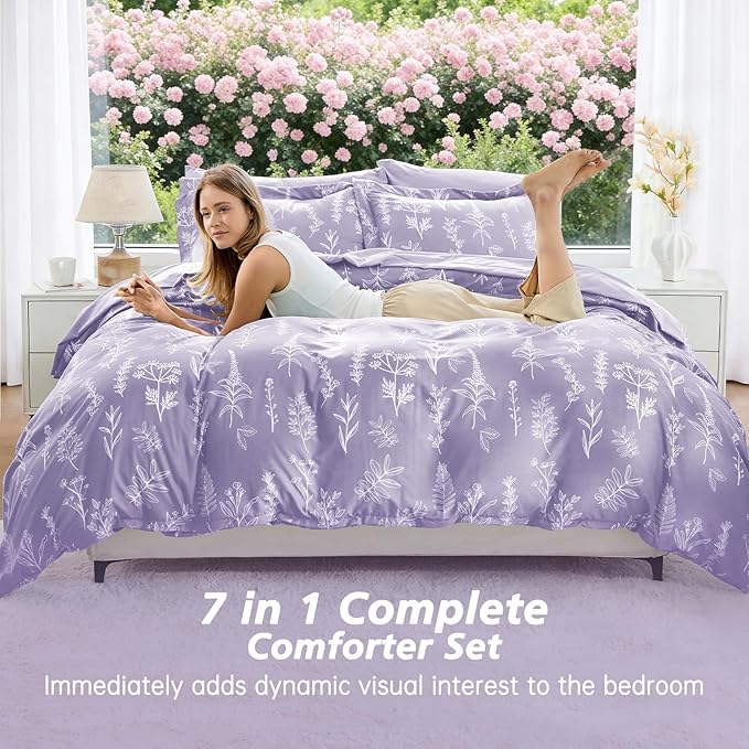 MUXHOMO Lavender Cal King Comforter Set, Elegant Floral Print Bed in a Bag 7 Pieces, Ultra Soft & Breathable Reversible Botanical Pattern Bedding Set with Comforter, Sheets, Pillowcases, and Shams