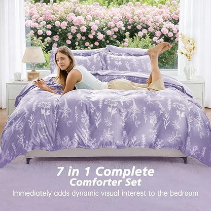 MUXHOMO Lavender Purple Bed in a Bag King 7 Pieces, King Comforter Set Reversible Botanical Flowers Design, Ultra Soft & Breathable Bedding Sets with Comforter, Sheets, Pillowcases & Shams