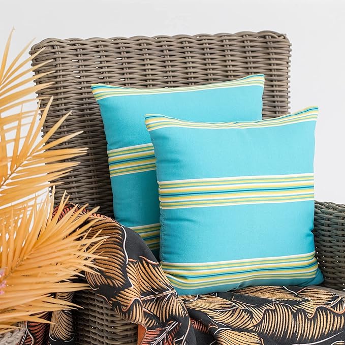 JMGBird Outdoor Pillows Set of 2 with Inserts - 18x18 Weather-Resistant Throw Pillows for Patio Furniture, Sky Blue Multi-Striped Decorative Cushions
