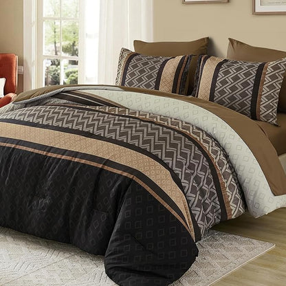 Cottolester Brown Comforter Set Full Size,Boho Striped Bed in a Bag,Plaid Comforter and Sheet Set, Soft Microfiber Complete Bedding Sets
