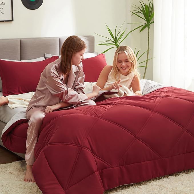 JOIEDOMI Full Size Comforter Set with Sheets Red, 7 Pieces Full Size Bed Set with 1 Down Alternative Comforter, 1 Flat Sheet, 1 Fitted Sheet, 2 Pillowcases and 2 Pillow Shams, Bed in a Bag All Seasons