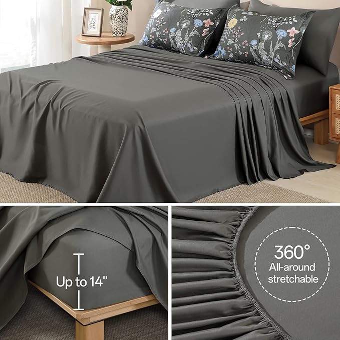 Yiran 7 Piece Grey Floral Comforter Set Queen Size, Botanical Flowers Bed in a Bag Queen, Soft Microfiber Complete Bedding Set with Sheets for All Season