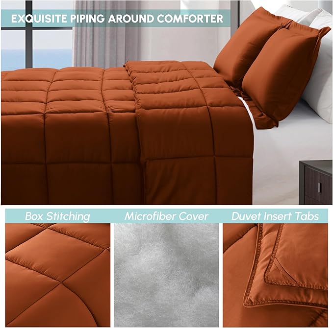 Elegant Comfort 3-Piece Box Stitched Down Alternative Comforter with Shams - Ultra Soft for All Season Duvet Insert with Corner Tabs, Plush Cozy 3PC Comforter Set, Twin, Coral