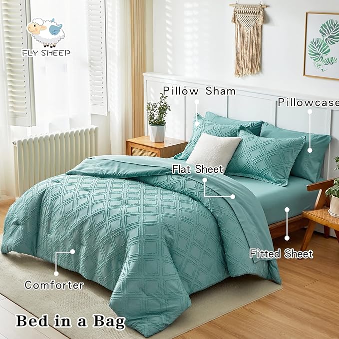 6 Pieces Tufted Bed in a Bag Twin Comforter Set with Sheets Green, Soft and Embroidery Shabby Chic Boho Bohemian Design, Luxury Solid Color with Diamond Pattern, Jacquard Tufts Bedding Set for Kids