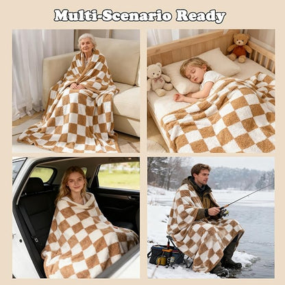 MorroMorn Checkered Throw Blanket for Couch, 2-Layers Soft Cozy Fleece Plaid Blankets Checkerboard Grid - Fluffy Fuzzy Plush Warm for Sofa Chair Bed Fall Home Decor Gifts (Camel, Throw 50"x60")