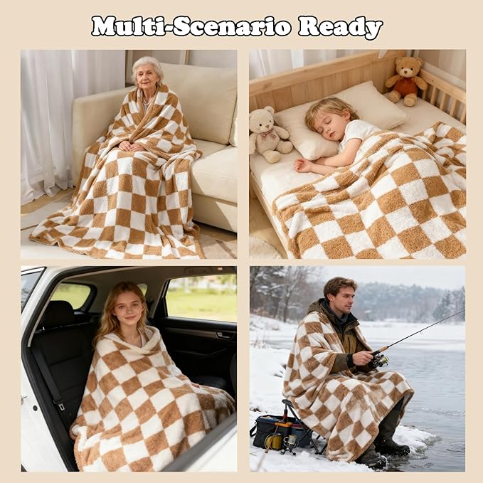 MorroMorn Checkered Blanket for Couch Bed Sofa Chair, 2-Layers Soft Cozy Fleece Plaid Blankets Checkerboard Grid - Fluffy Fuzzy Plush Warm Fall Decor Mothers (Camel, Twin 60"x80")