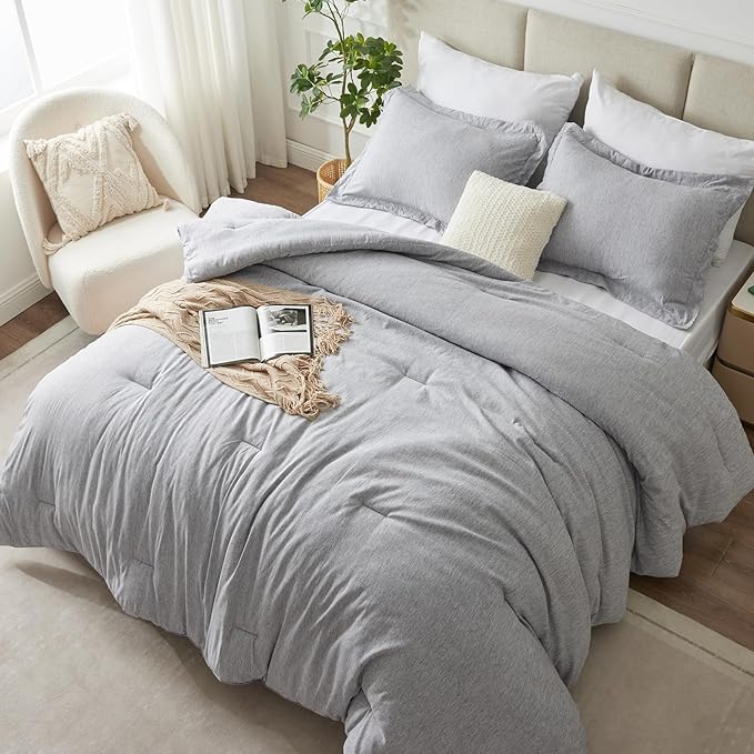 CozyLux Full Size Comforter Set - 3 Pieces Light Grey Soft Luxury Cationic Dyeing Bedding Comforter for All Season, Light Gray Breathable Lightweight Fluffy Bed Set with 1 Comforter and 2 Pillow Shams