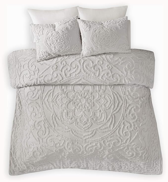 Madison Park Laetitia Comforter Bohemian Tufted Cotton Chenille, Medallion Shabby Chic All Season Down Alternative Bed Set with Matching Shams, Floral Grey Full/Queen(90"x90") 3 Piece