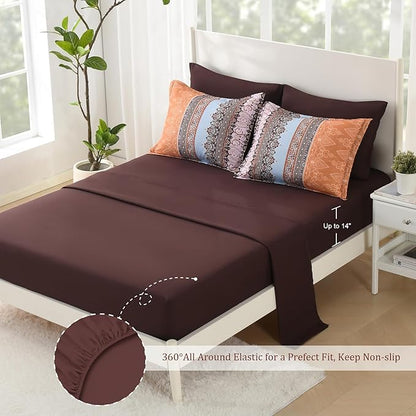 Boho King Size Comforter Set - 7 Pieces Bed in a Bag Bohemian Striped Comforter Set with Sheets, Soft Microfiber Brown Floral Bedding Sets for All Seasons (Brown, King)