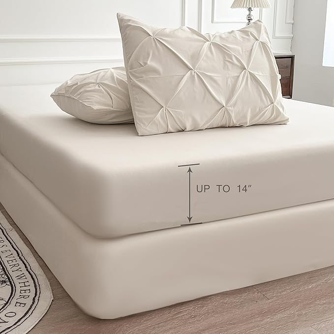 Maple&Stone Cream Queen Comforter Set, 7 Pieces Off White Comforter, Pintuck Bedding with Comforter, Sheets, Pillowcases & Shams - Cream