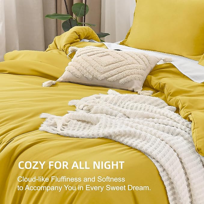Litanika Mustard Yellow Comforter Set Twin/Twin XL Size, 2 Pieces Lightweight Solid Bedding Comforter Set, All Season Fluffy Bed Set (66x90In Comforter & 1 Pillowcase)