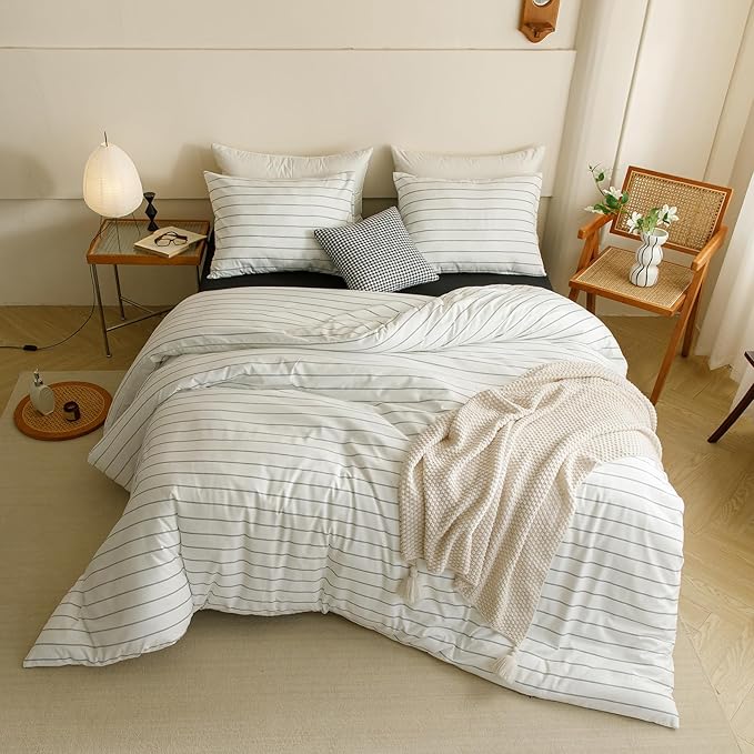 CLOTHKNOW Striped California King Comforter Set 3Pcs White Black Bedding Comforter Sets Farmhouse Comforter Black Stripes Comforter