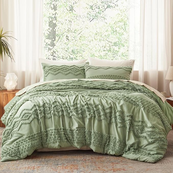 Luxudecor Sage Green Tufted Comforter Set King Size 3 Pieces Boho Shabby Chic Comforter Farmhouse Embroidery Bedding Set Soft Comforter for All Seasons (Sage Green, 104''x90'')