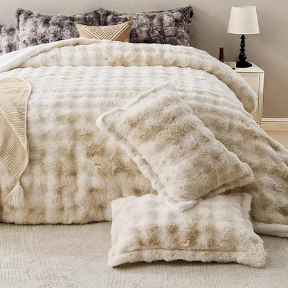 DAICO 3 Pieces Fluffy Faux Rabbit Fur Comforter Set Queen Size Tie Dyed Brown Plush Fuzzy Bubble Comforter Bedding Set Warm Cozy Bedding Comforter Sets for Winter, 1 Comforter and 2 Pillowcases